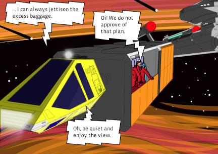 A different angle on Dev’s work bee, showing the several spacesuited people riding in one of the cargo pods she is towing.
