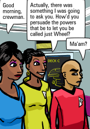 Sarabhai, Dev, and Wheel in the turbolift.