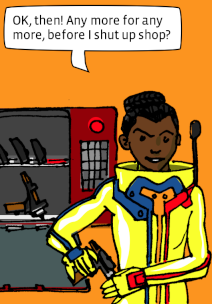 Dev, wearing a gold environmental suit, is attaching a phaser to her belt, in front of a phaser rack.

